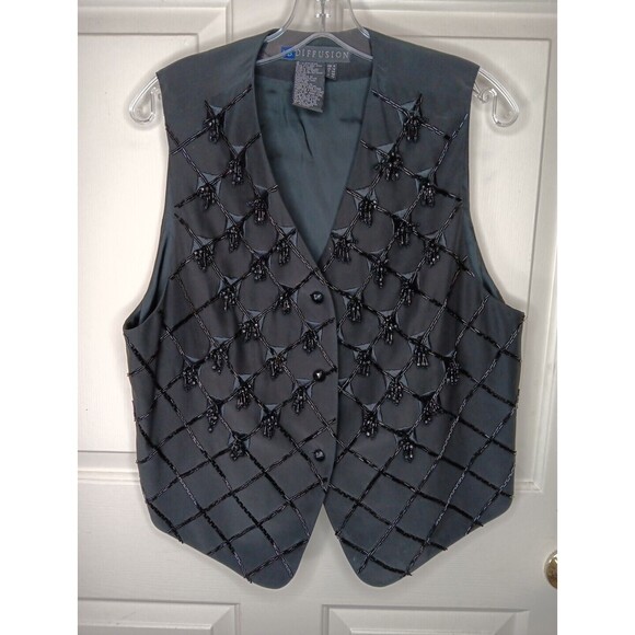 I. B. Diffusion Beaded Vest Women 14 Black Silk Formal Holiday Party EUC - Picture 1 of 5